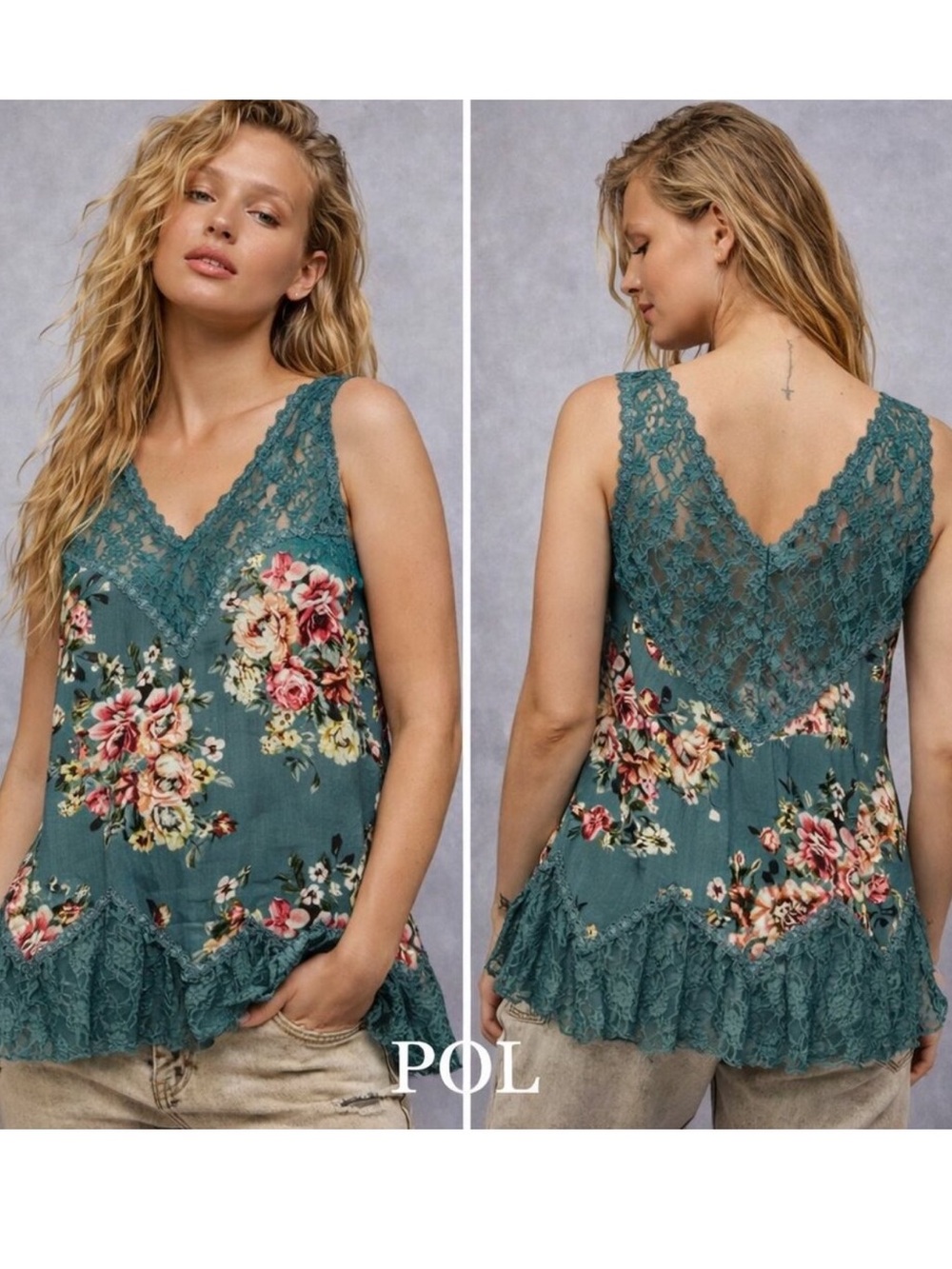 New: POL Boho Teal Floral Lace Ruffle Hem V-Neck Tank Top• Small